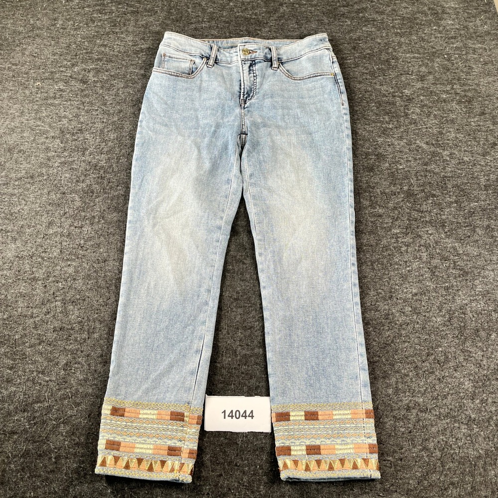 Chicos Jeans Womens 00R Blue Cotton Stretch Embroidered Cuff Slim Straight Leg